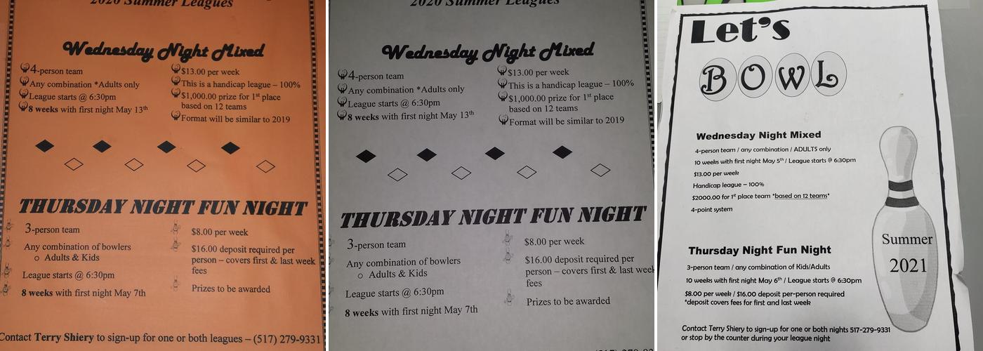 Midway Lanes Menu