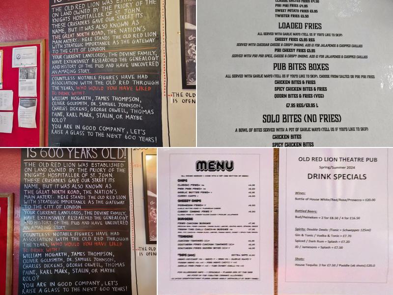 Old Red Lion Theatre Pub Menu