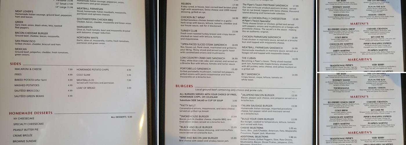 The Piper's Restaurant and Tavern Menu