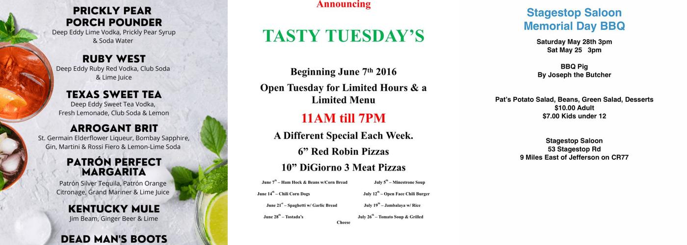 Stagestop Saloon Menu