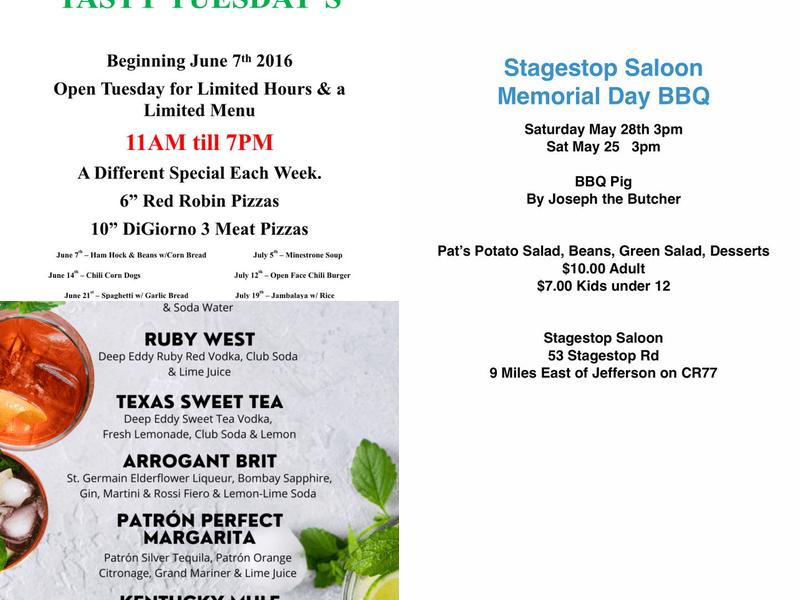 Stagestop Saloon Menu