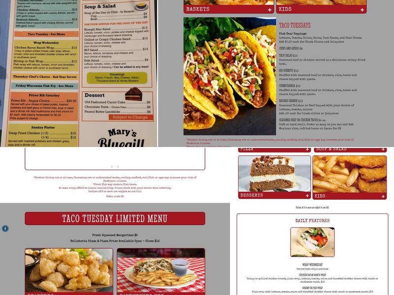 Mary's Bluegill Bar & Grill Menu