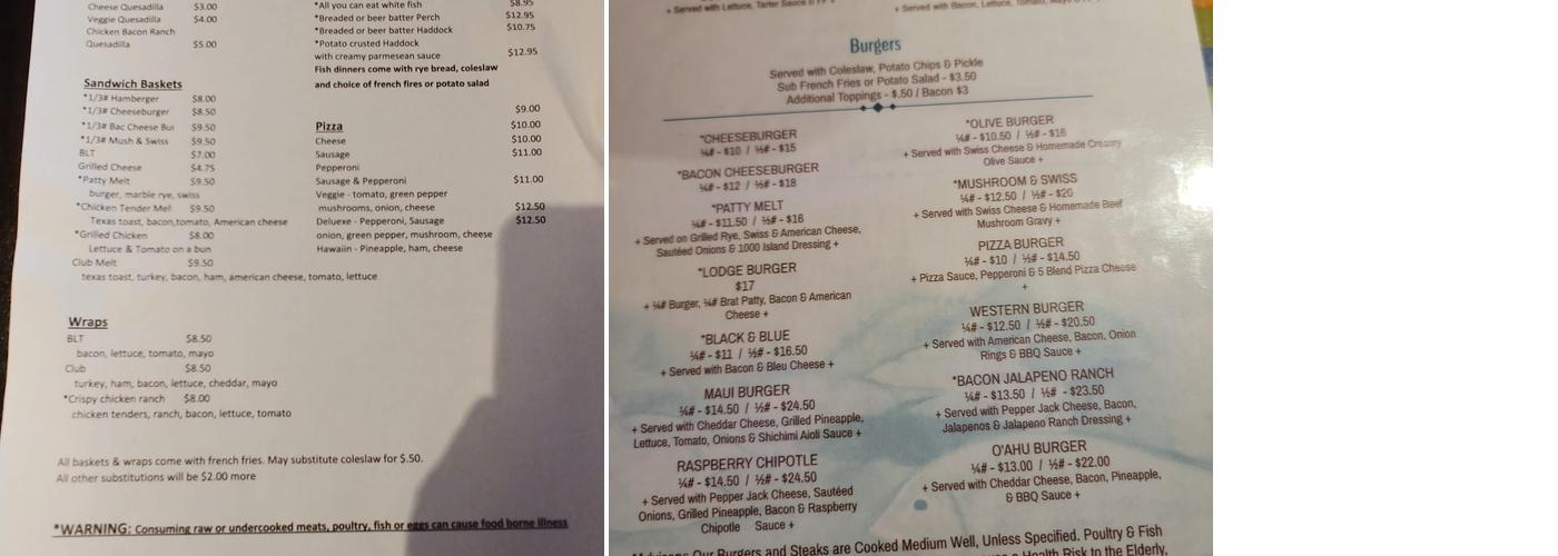 Wolf River Lodge Menu