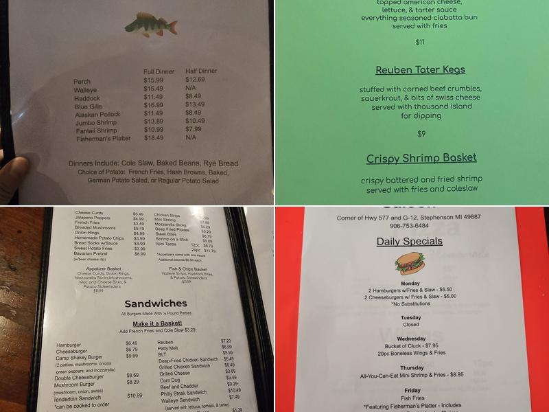 Camp Shakey Saloon Menu