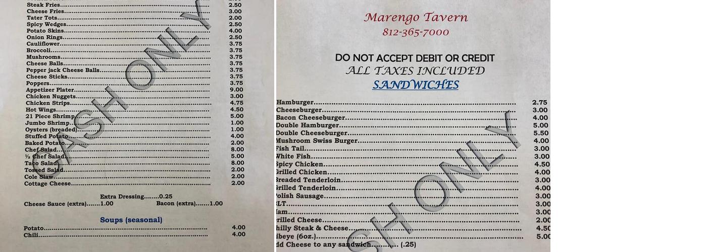 Marengo Tavern Menu