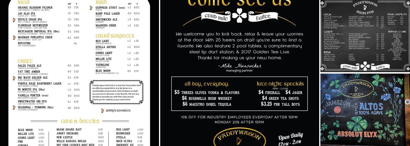Paddywagon Irish Pub Dr. Phillips Menu