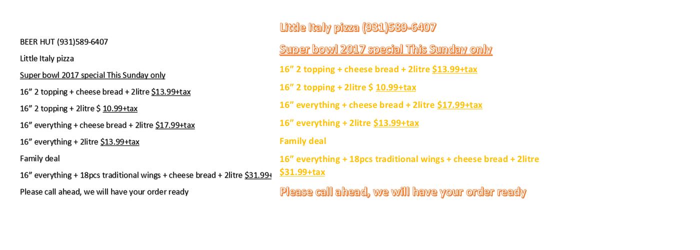 Beer Hut Menu