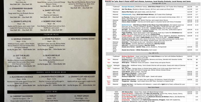 Etowah Meadery Menu