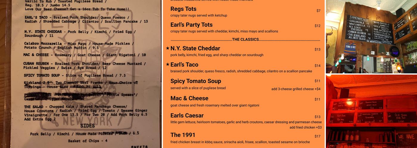 Earl's Beer and Cheese Menu