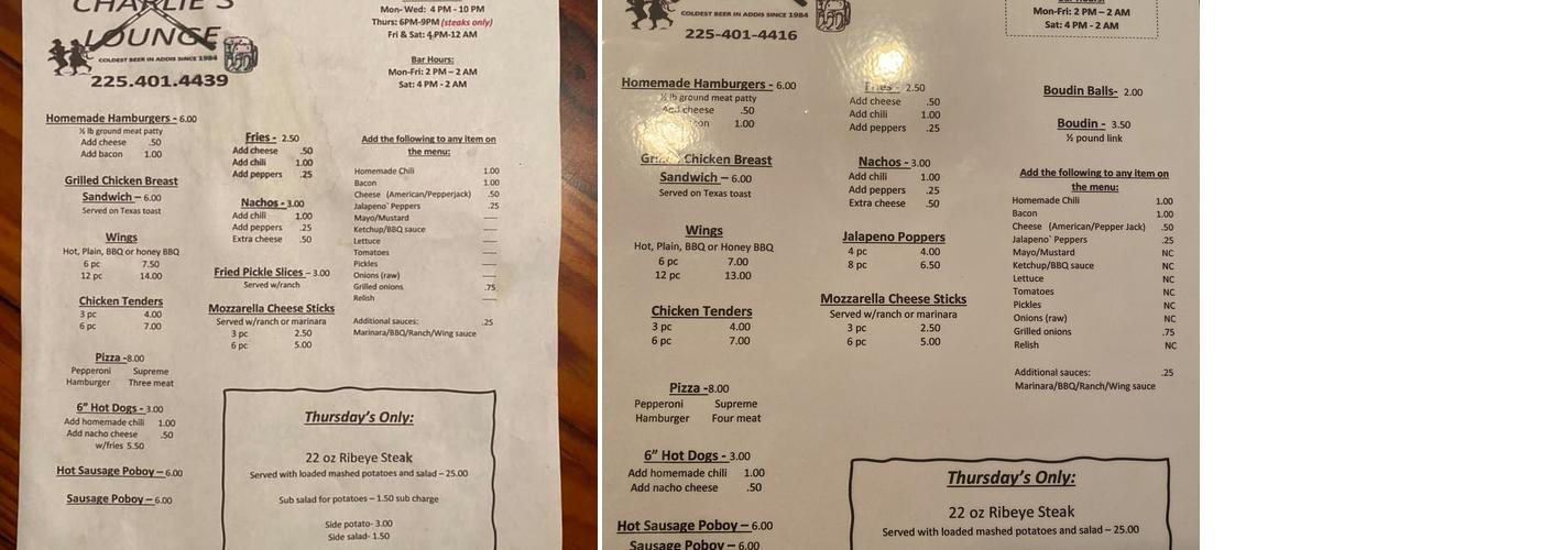 Charlie's Lounge Menu