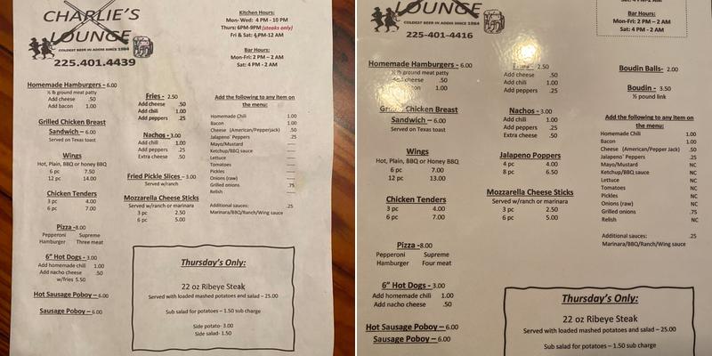 Charlie's Lounge Menu