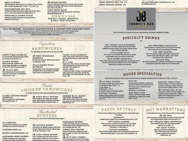 Jonnie's Bar Menu