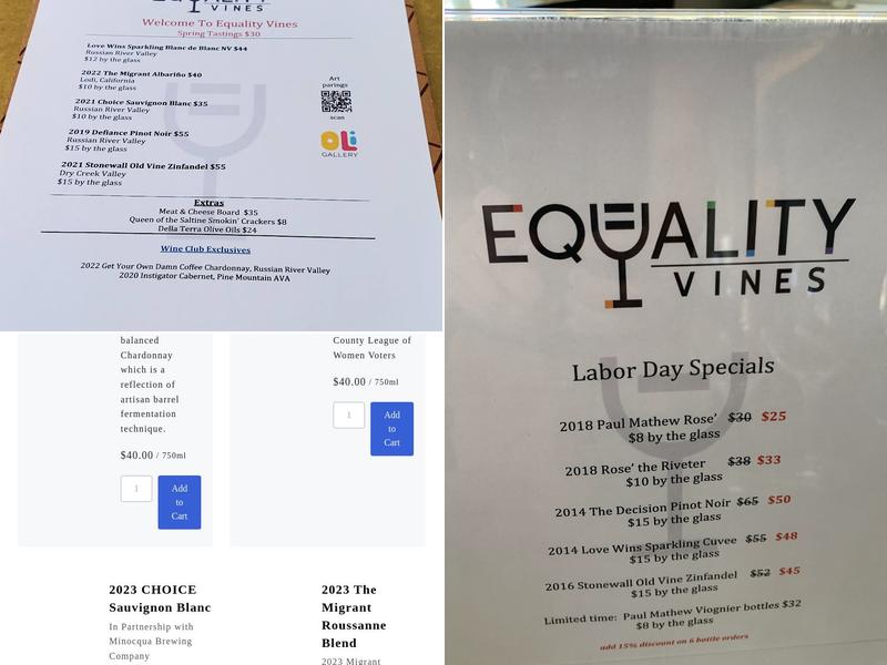 Equality Vines Tasting Room Menu