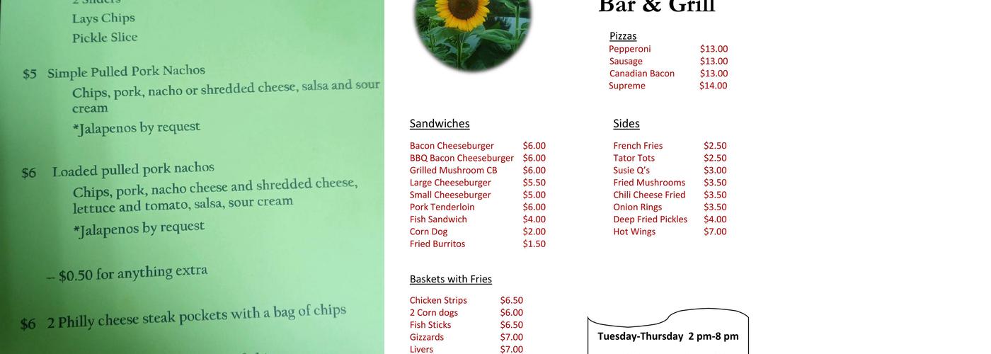 Sunflower Saloon Menu