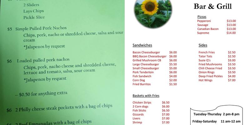 Sunflower Saloon Menu