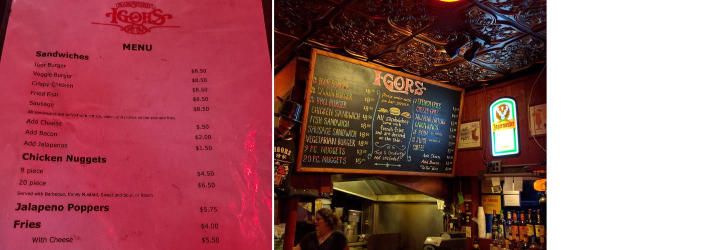 Igor’s Bar & Grill Menu