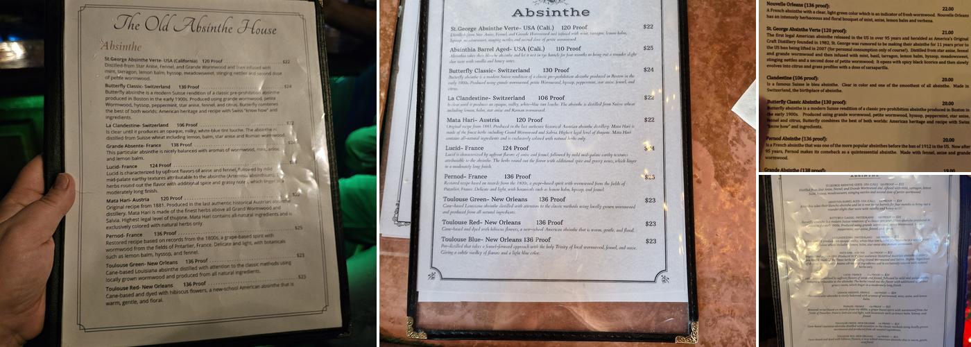 Old Absinthe House Menu