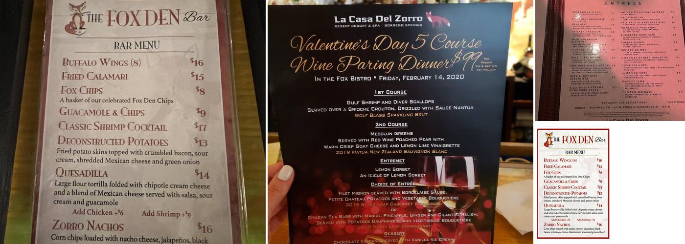 Fox Den Bar Menu