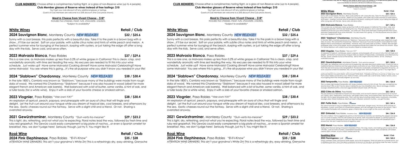 Moonstone Cellars Menu