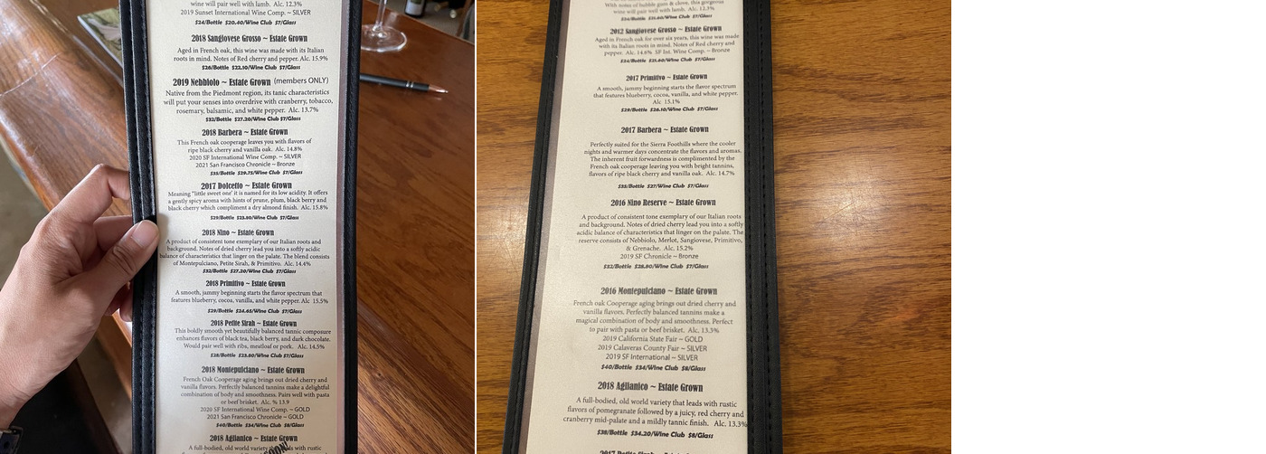 Gianelli Vineyards Tasting Room Menu