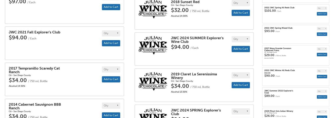 Julian Wine & Chocolate Menu