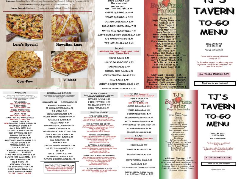 T J's Tavern Menu
