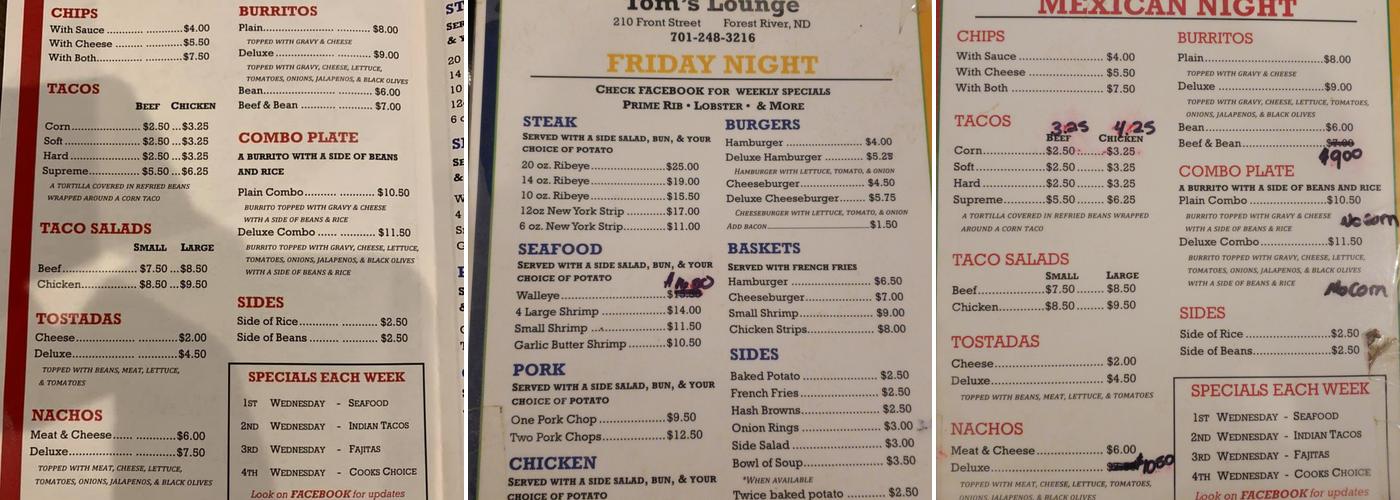 Tom's Lounge Menu