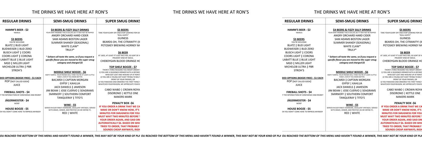 Ron's Bar & Backyard Menu