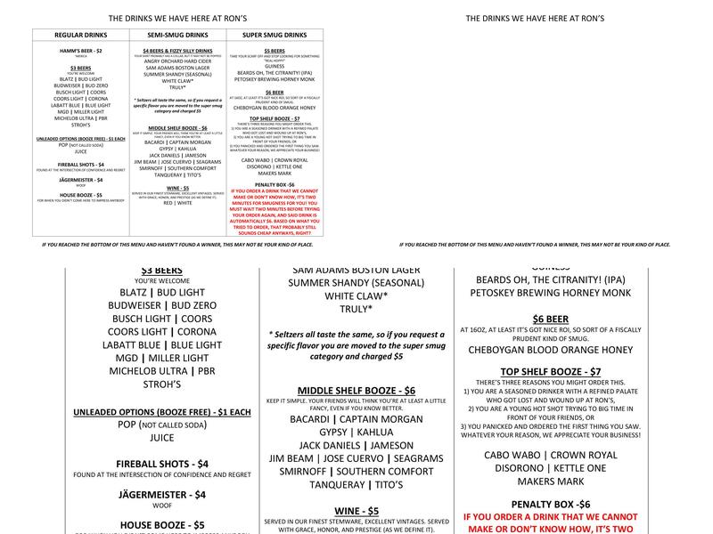 Ron's Bar & Backyard Menu
