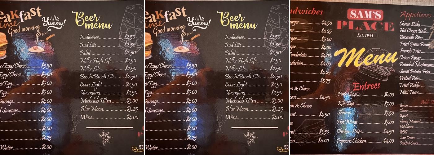 Sam's Place Menu