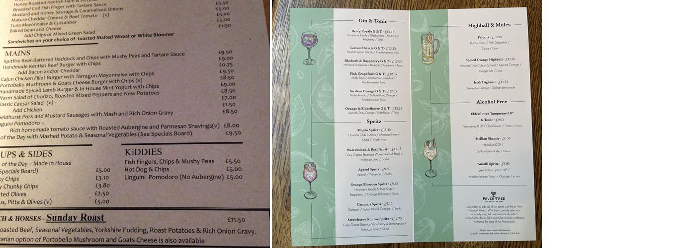 Coach and Horses, Greenwich Menu