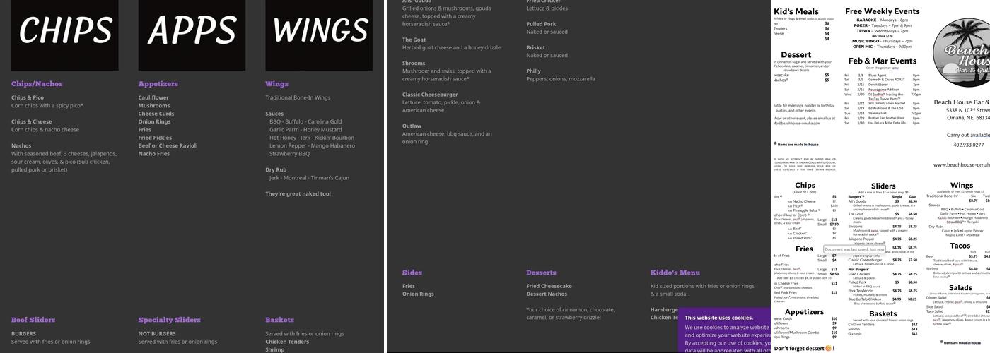 Beach House Bar Menu