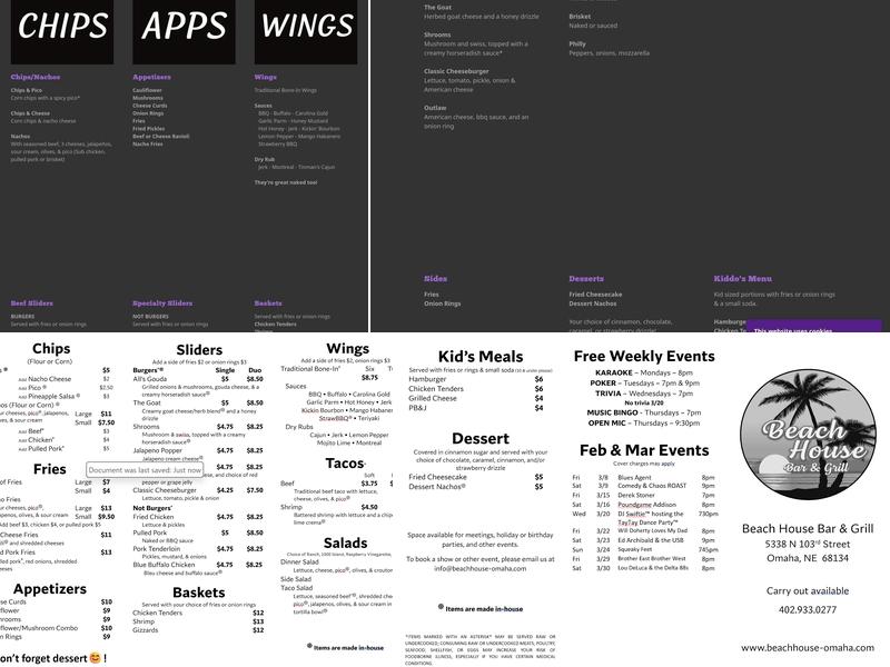 Beach House Bar Menu