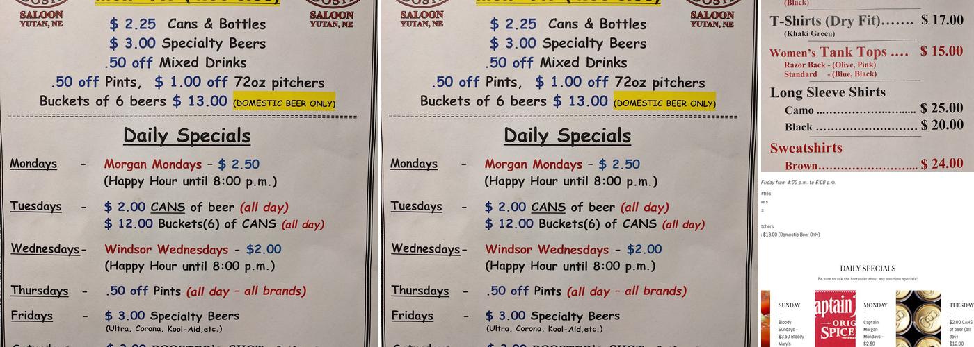 Rusty Rooster Saloon Menu