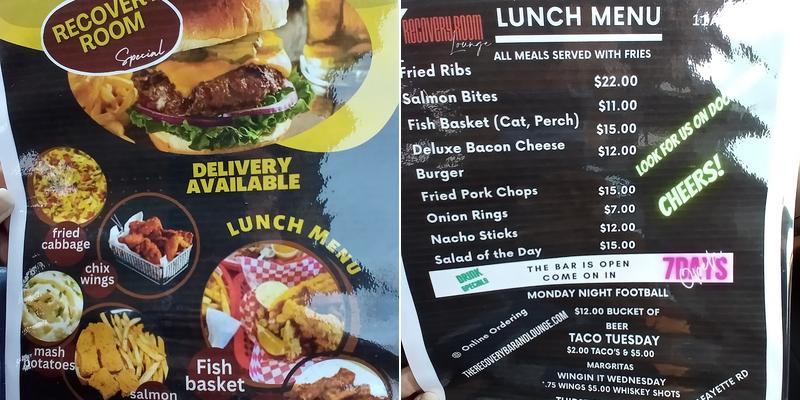 Recovery Room Lounge Menu