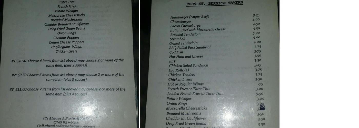 Red's St. Bernice Tavern Menu