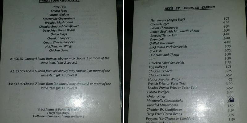 Red's St. Bernice Tavern Menu