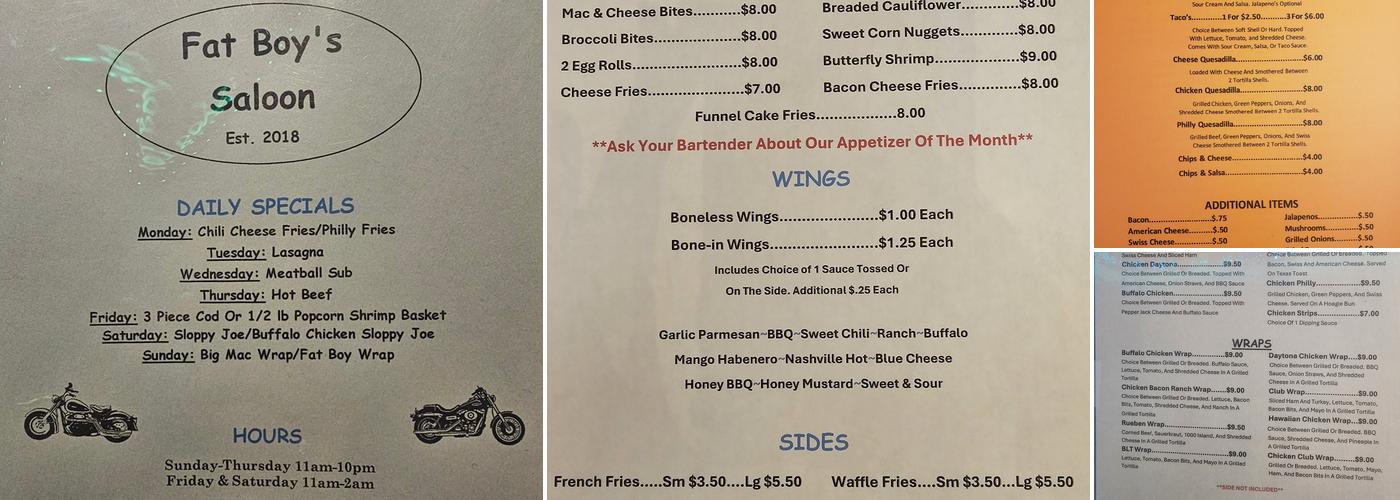 Fat Boy's Saloon Menu