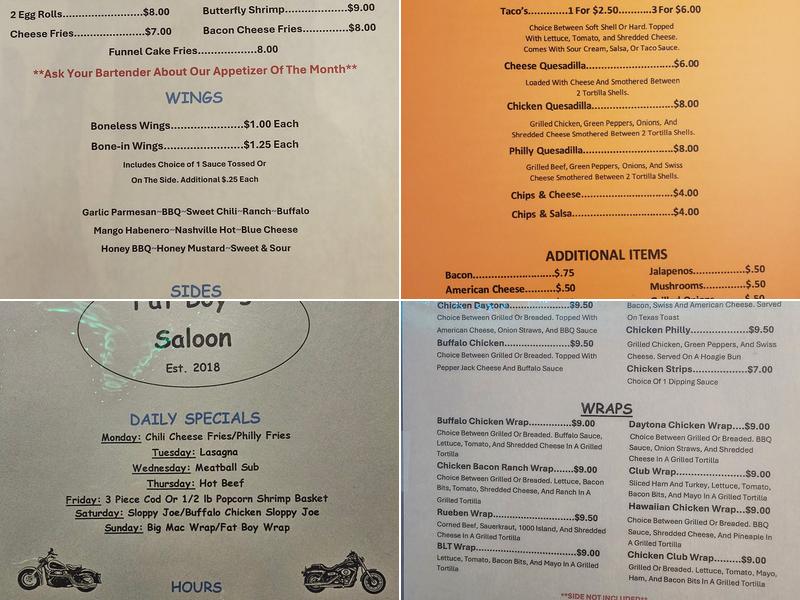 Fat Boy's Saloon Menu