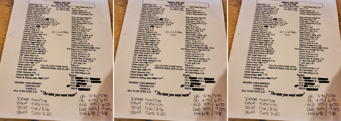 Johnny's Dairy Bar Menu