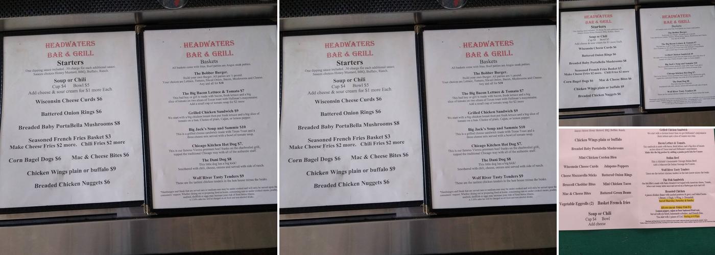 headwaters bar & grill Menu