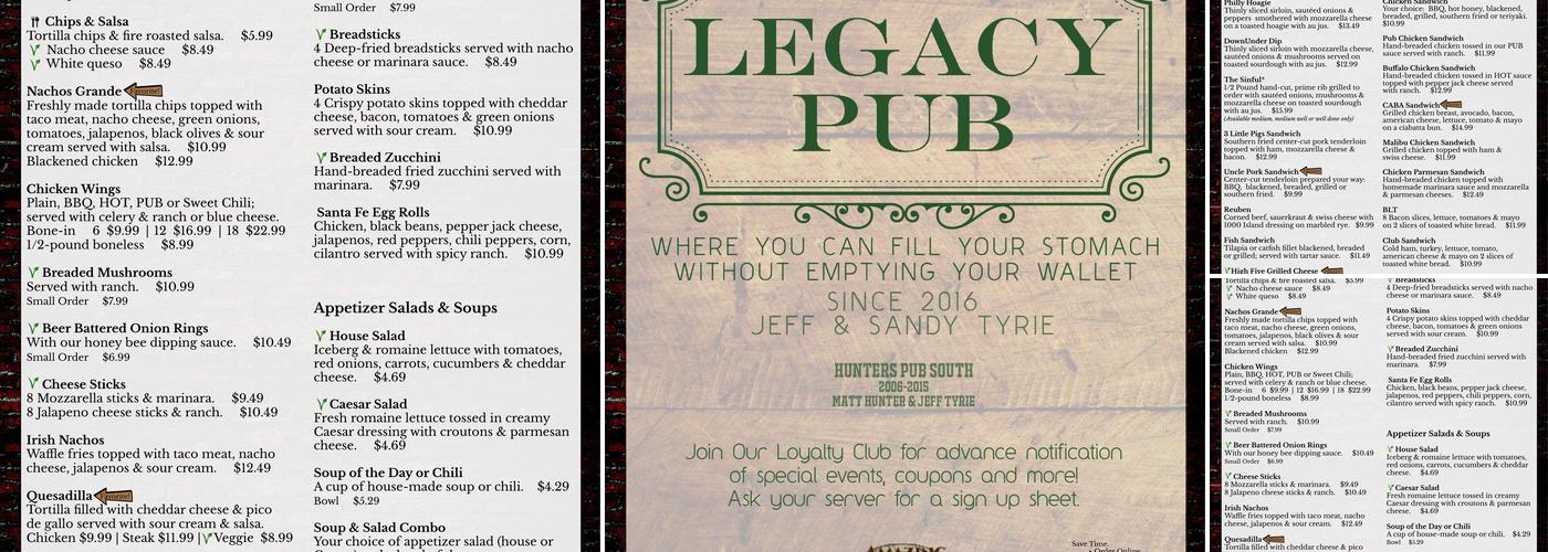 Legacy Pub Menu
