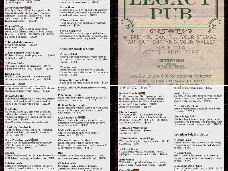 Legacy Pub Menu
