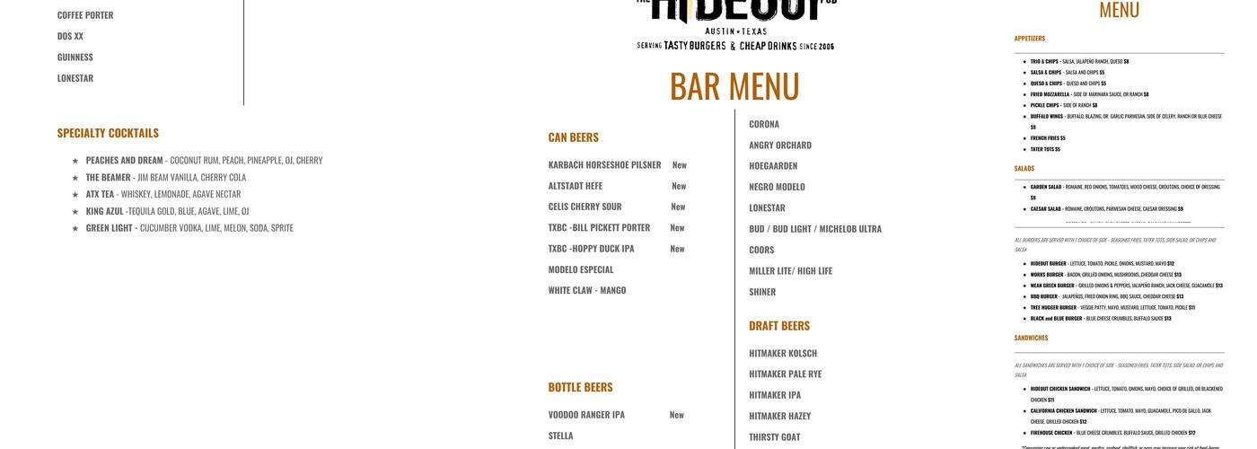 The Hideout Pub Menu