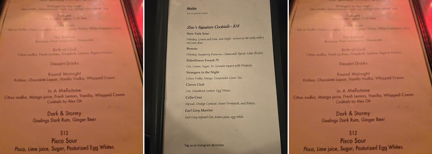 Zinc Bar Menu