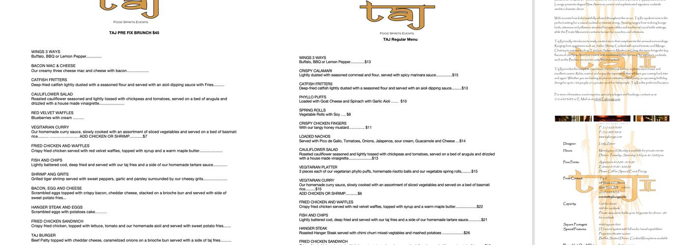 Taj Lounge & Event Space Menu