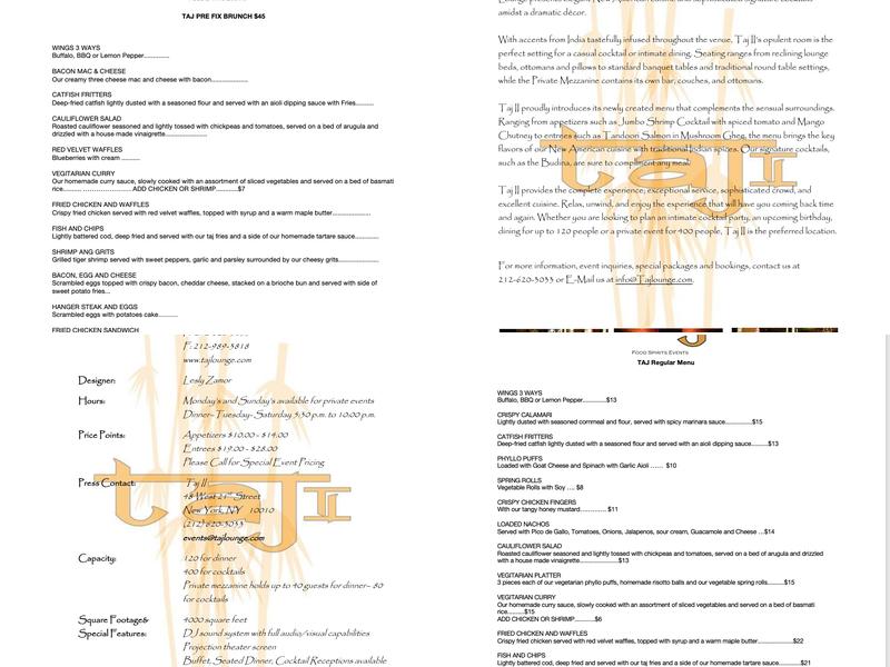 Taj Lounge & Event Space Menu