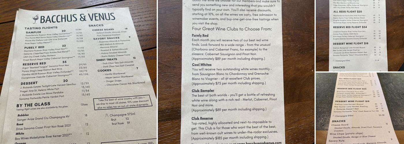 Bacchus & Venus Menu