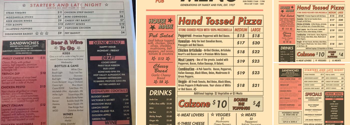 Historic Springdale Pub Menu