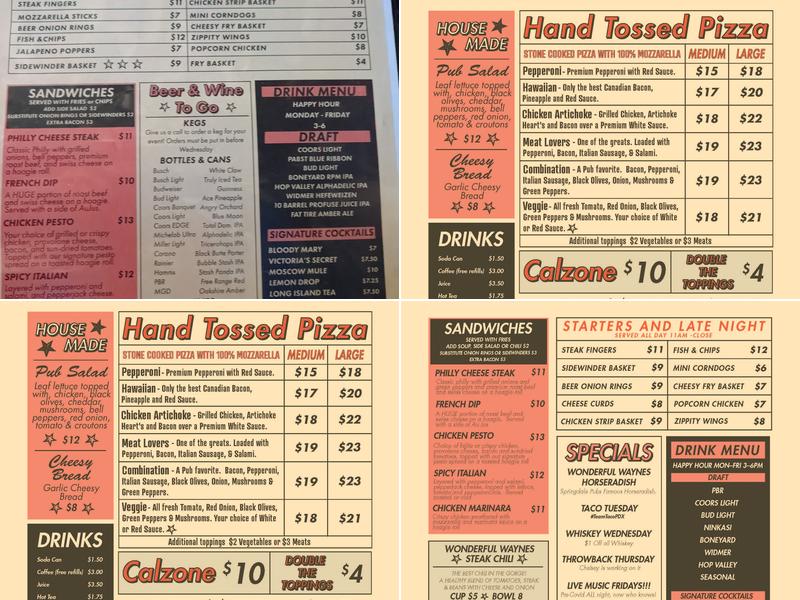 Historic Springdale Pub Menu